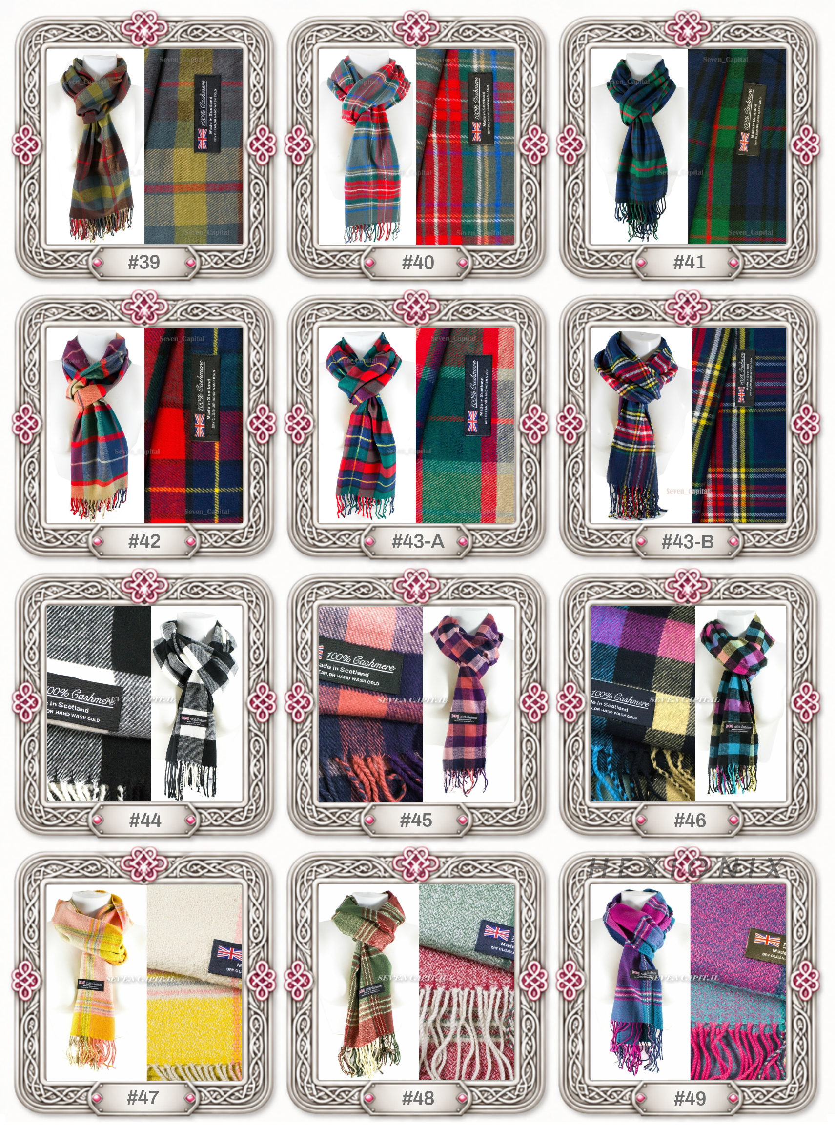 A 12-grid catalog display of various plaid and checkered scarves, each shown folded with a tag and labeled with numbers from #20 to #49. The collection features multiple colors and patterns including red, green, blue, yellow, black, and white.