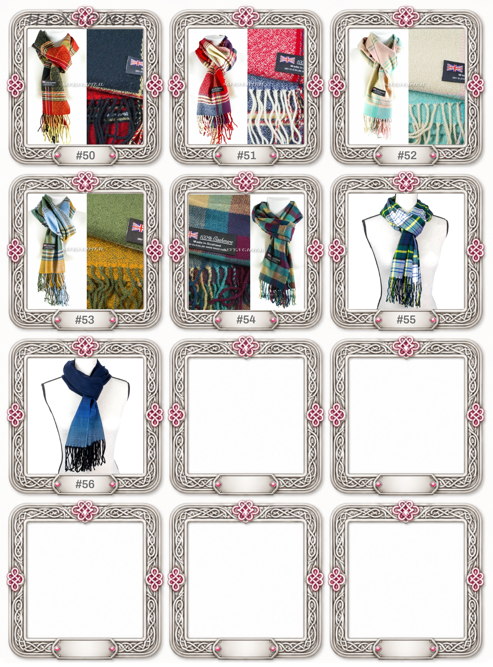 A 3x5 grid of 15 product cards displaying various colorful plaid and patterned scarves on mannequins, with decorative ornate borders and numbers #50 to #68.