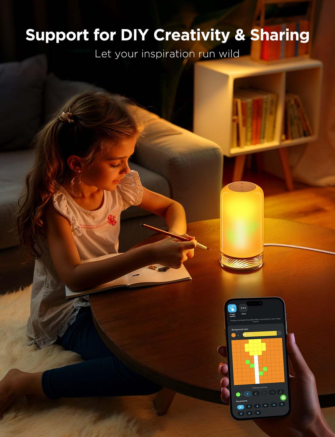 Child drawing with a tablet and smartphone displaying a creative app, surrounded by books and a lamp.