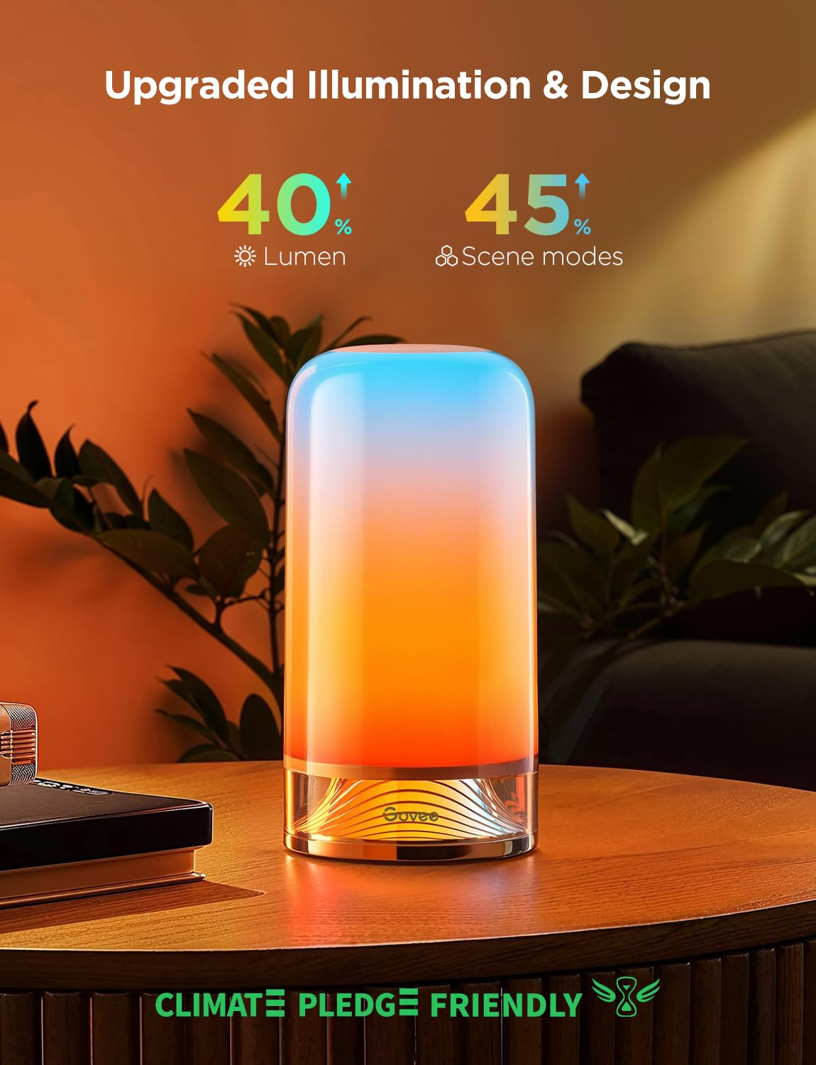 Decorative lamp with colorful gradient on a wooden surface, surrounded by plants, with text about lumen and scene modes.