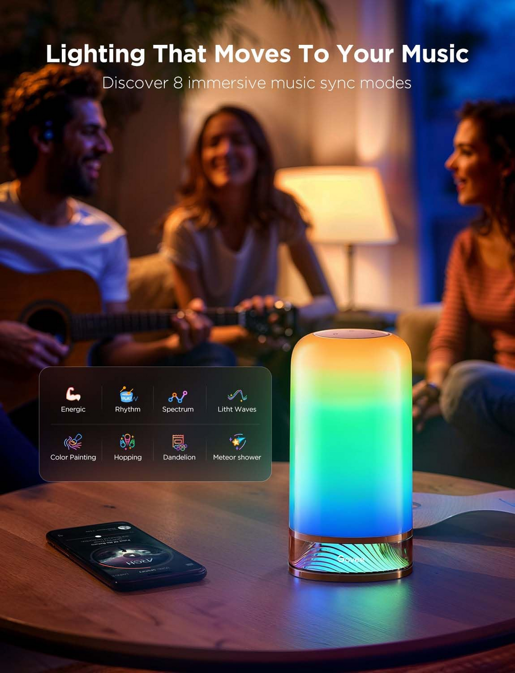 Colorful LED lamp on a table with people playing guitar in the background, featuring text about music-sync modes.