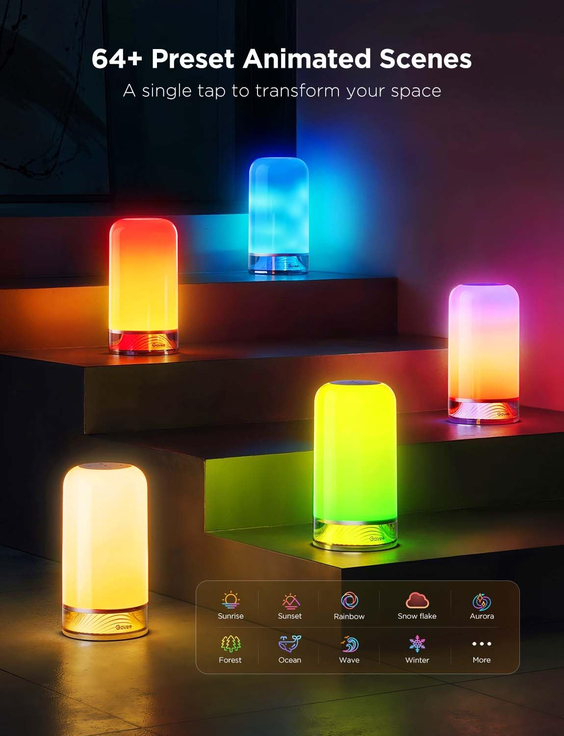 Colorful LED lamps on a shelf with animated scene options displayed.