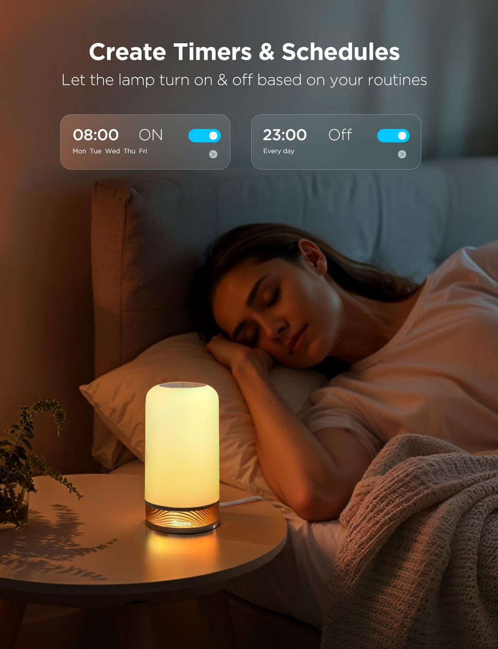 Woman sleeping in bed with a night lamp on a bedside table, showing timer and schedule settings.