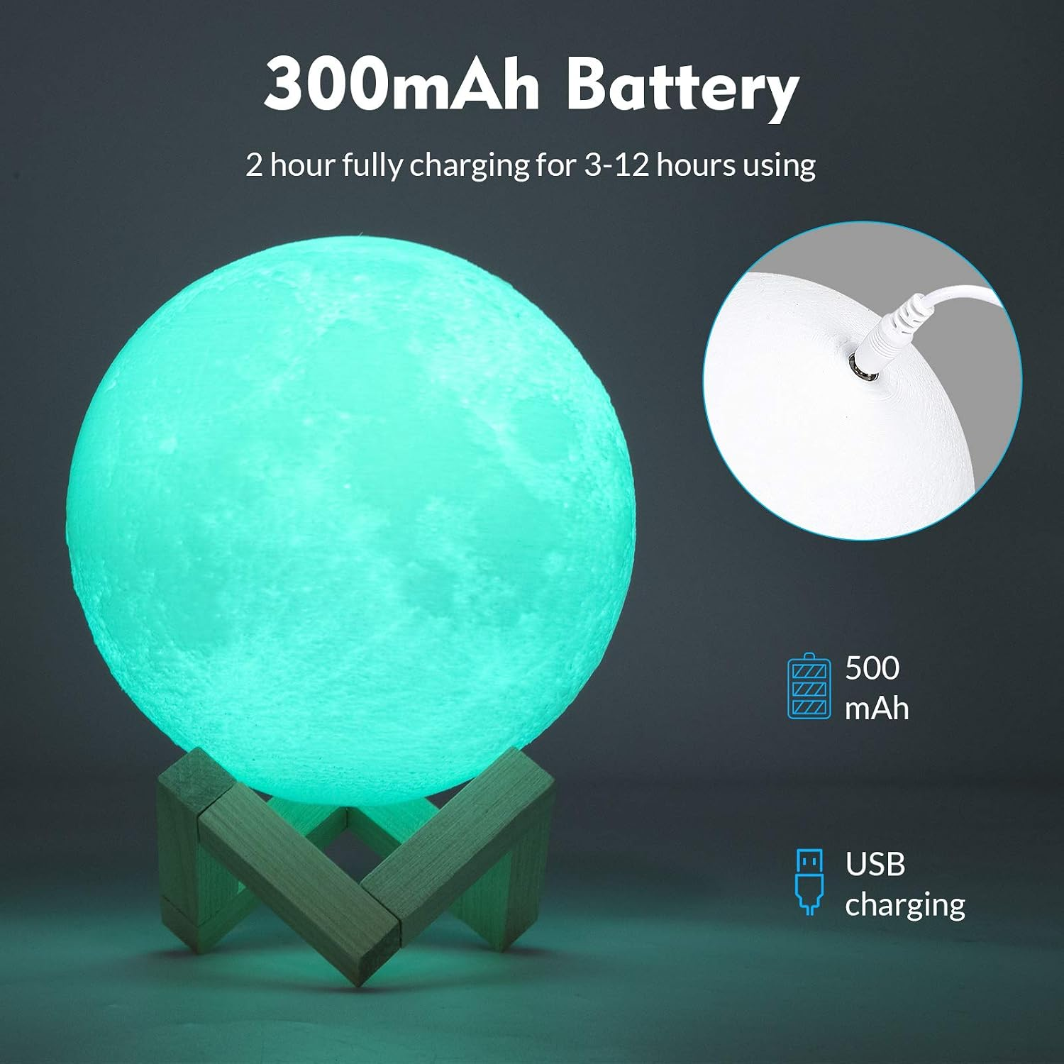 Green moon lamp with charging cable and battery information on a dark background