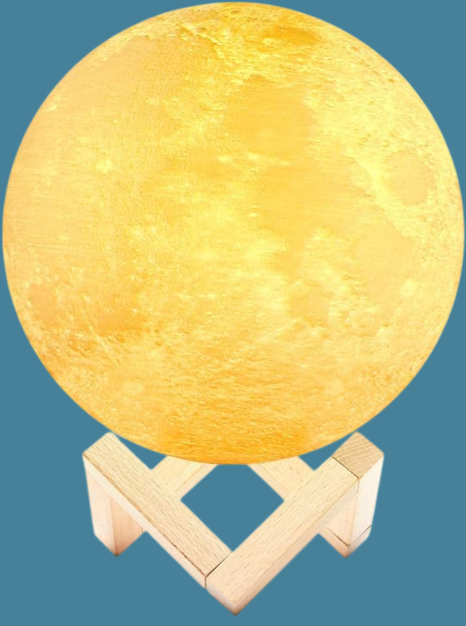 A glowing moon lamp with a textured yellow-gold sphere resting on a light wood geometric stand, set against a solid blue background.