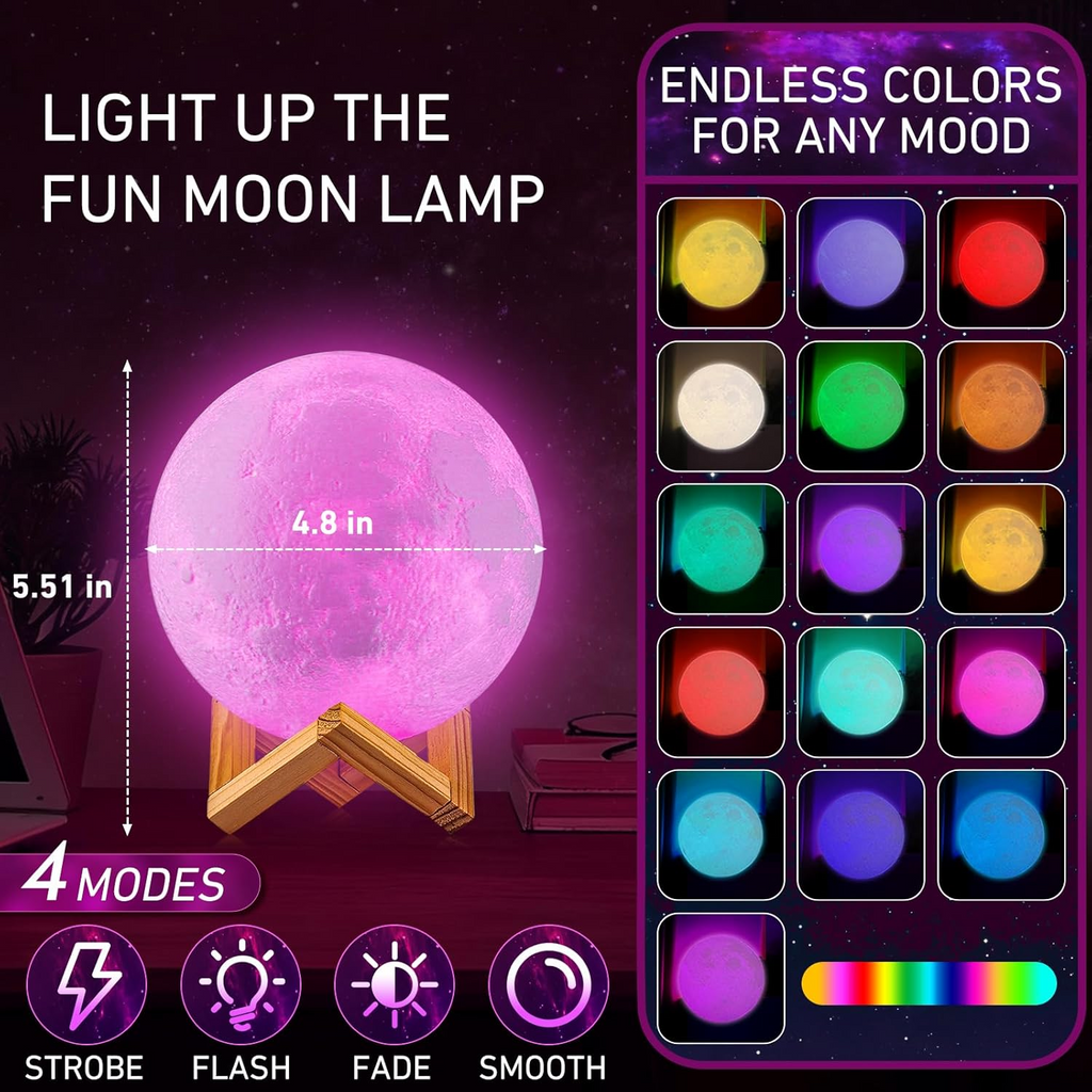 Moon lamp with color options and modes displayed on a dark background