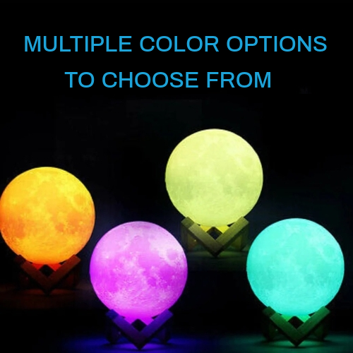 Four glowing moon lamp globes on wooden stands against a black background, with blue text reading 'MULTIPLE COLOR OPTIONS TO CHOOSE FROM'.