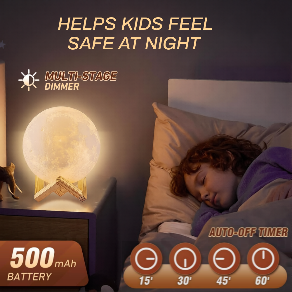 A glowing moon lamp on a bedside table next to a sleeping child in bed, with marketing text including 'HELPS KIDS FEEL SAFE AT NIGHT', 'MULTI-STAGE DIMMER', '500 mAh BATTERY', and 'AUTO-OFF TIMER'.