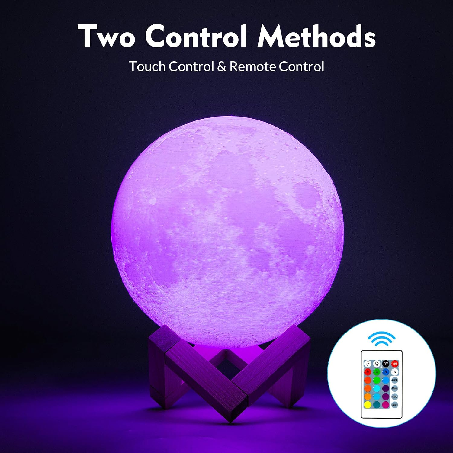 A glowing moon-shaped night light on a wooden stand, shown with text reading 'Two Control Methods' and a remote-control inset icon. The lamp emits a purple light against a dark background.