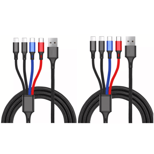 Two black braided USB-C charging cables shown side by side on a white background, each with a USB-A connector, three USB-C/Lightning connectors, and red and blue accent cable colors.