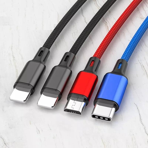 Four USB cables in black, red, and blue on a light gray background