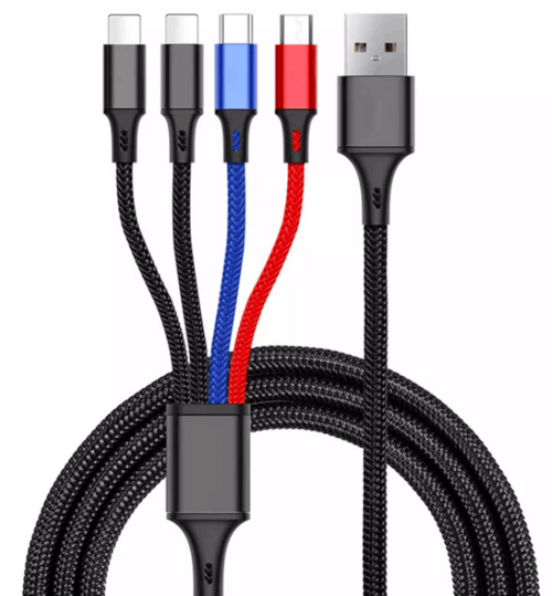 Multi-device charging cable with different connector ends on a white background