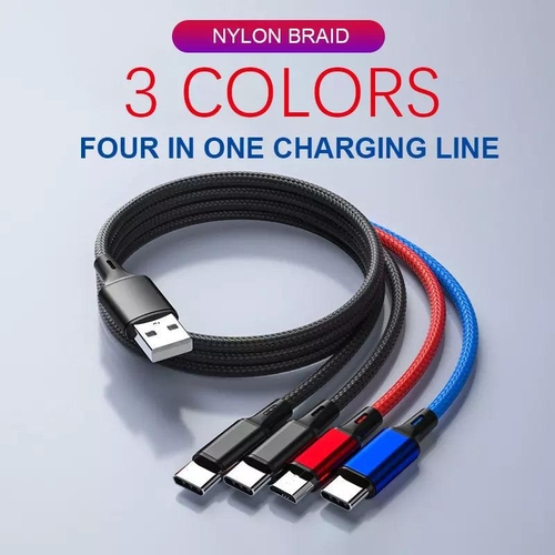 Multicolored charging cable with four connectors on a light gray background