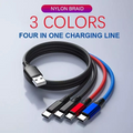 Multicolored charging cable with four connectors on a light gray background