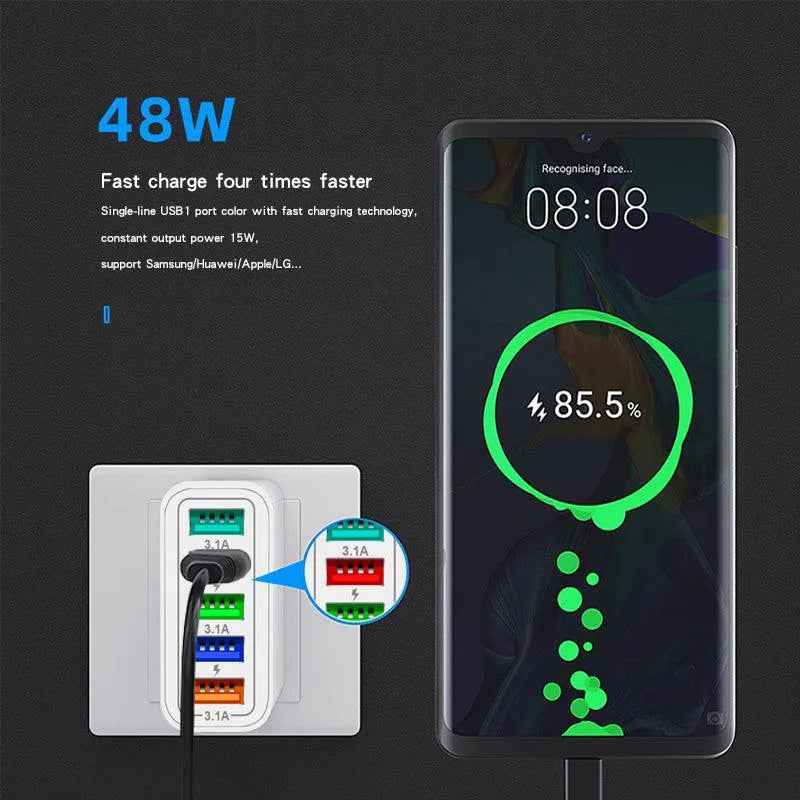 Smartphone with charging display and power adapter on a dark background