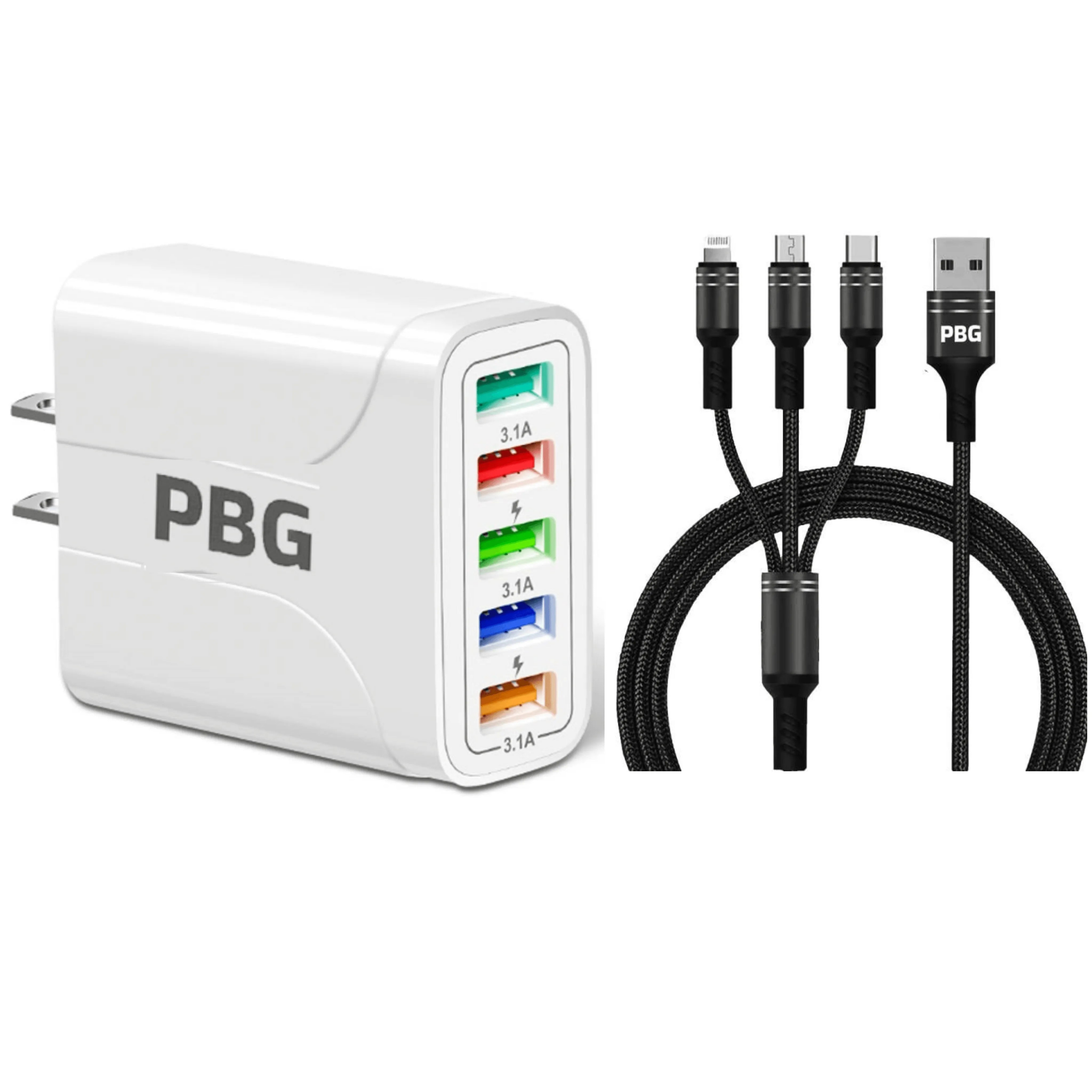White power adapter with multiple USB ports and three black cables on a white background