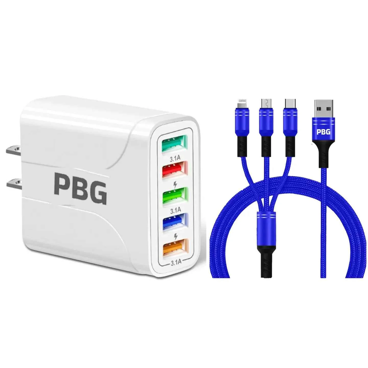 White USB charger with multiple cables on a white background