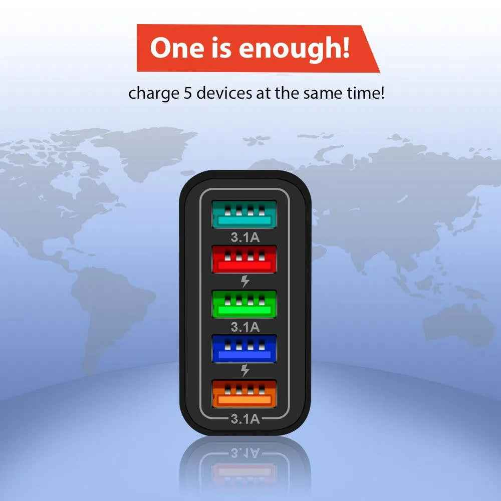 Multifunctional charging device with LED indicators on a world map background