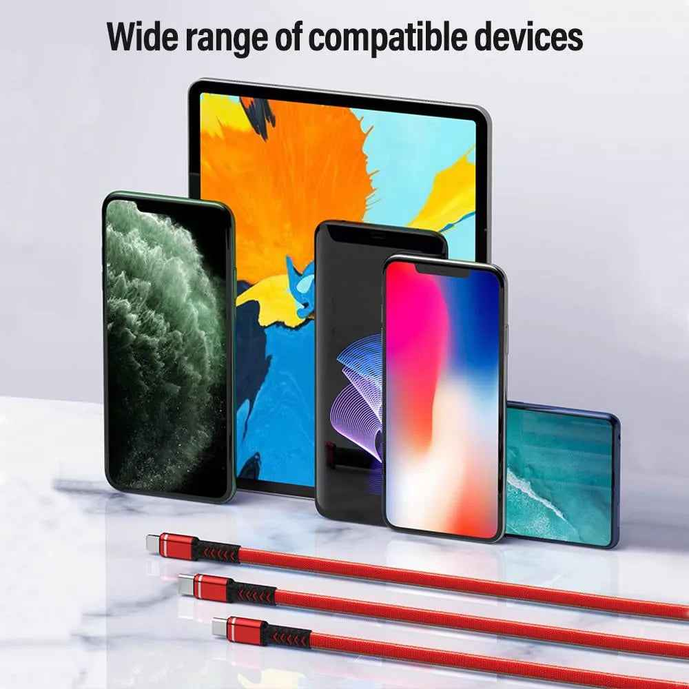 Multiple smartphones and a tablet with colorful displays on a white background, accompanied by red cables.