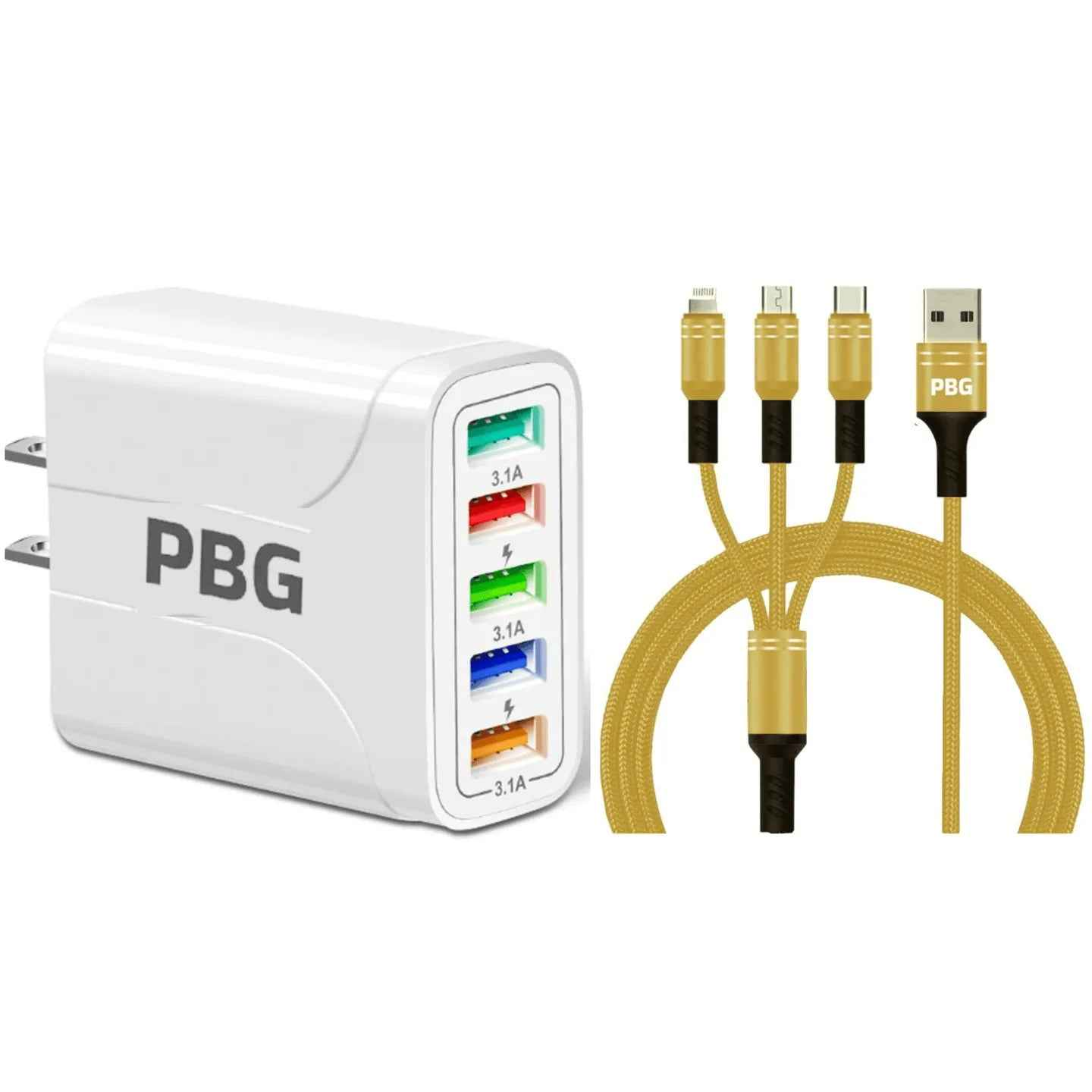 White charging adapter with multiple USB ports and a set of gold cables on a white background.