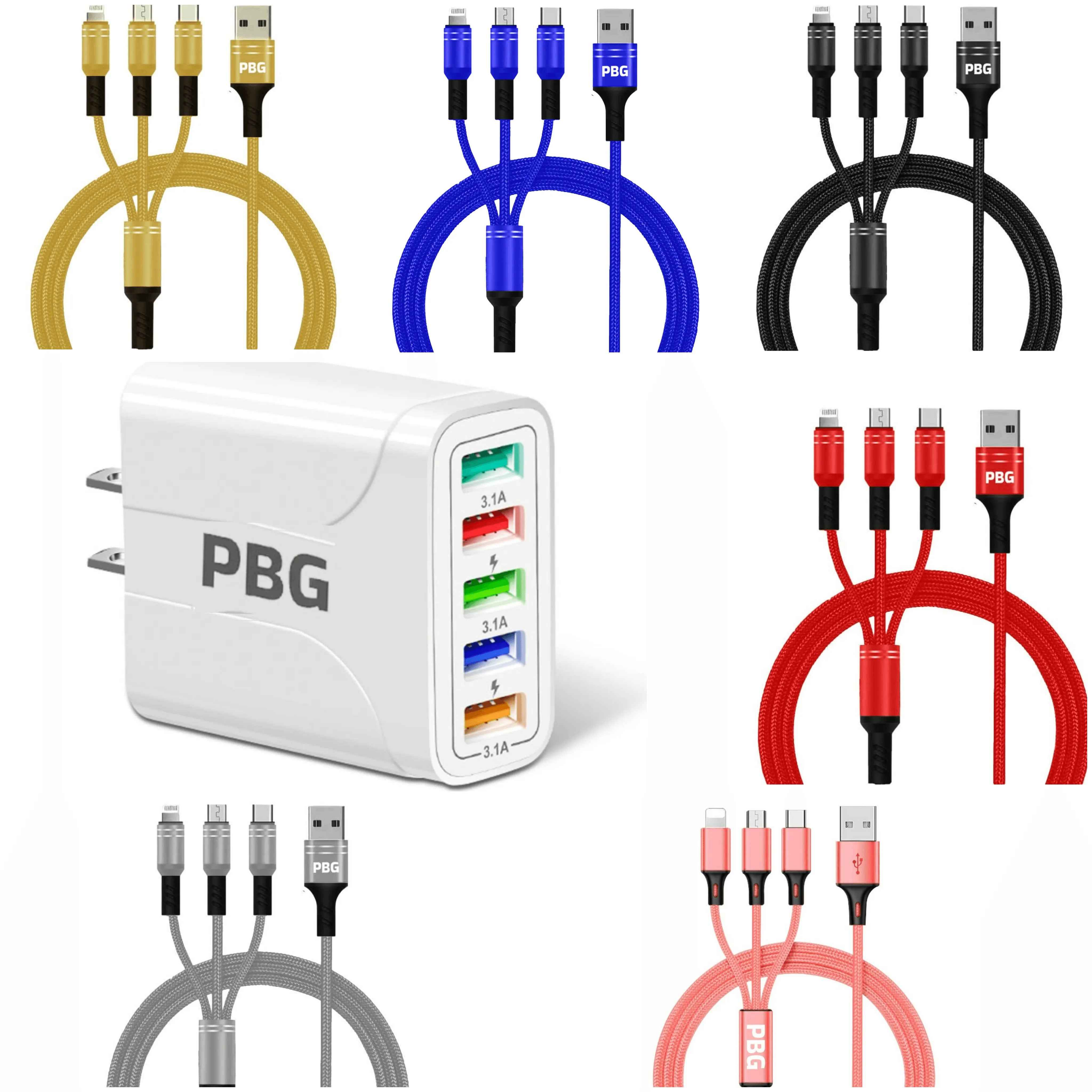 PBG charger and cables in various colors on a white background