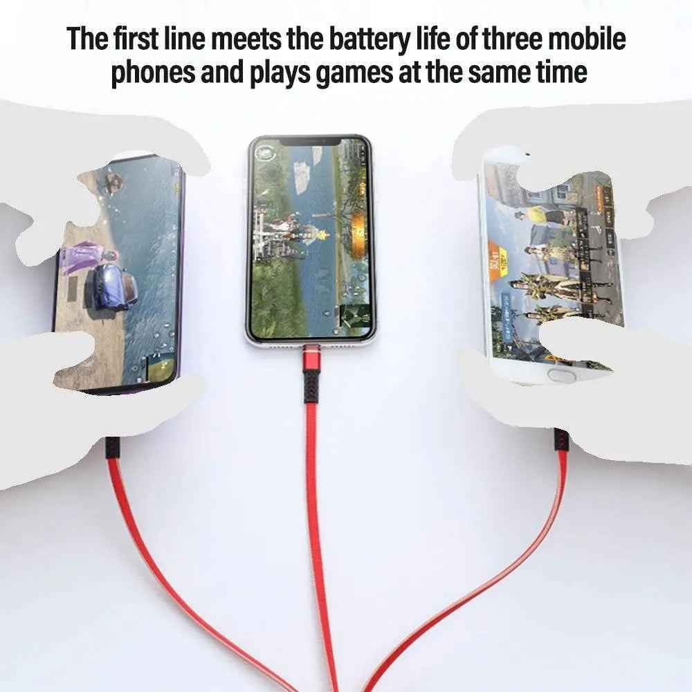Three smartphones connected by a red cable, with text about battery life and gaming.
