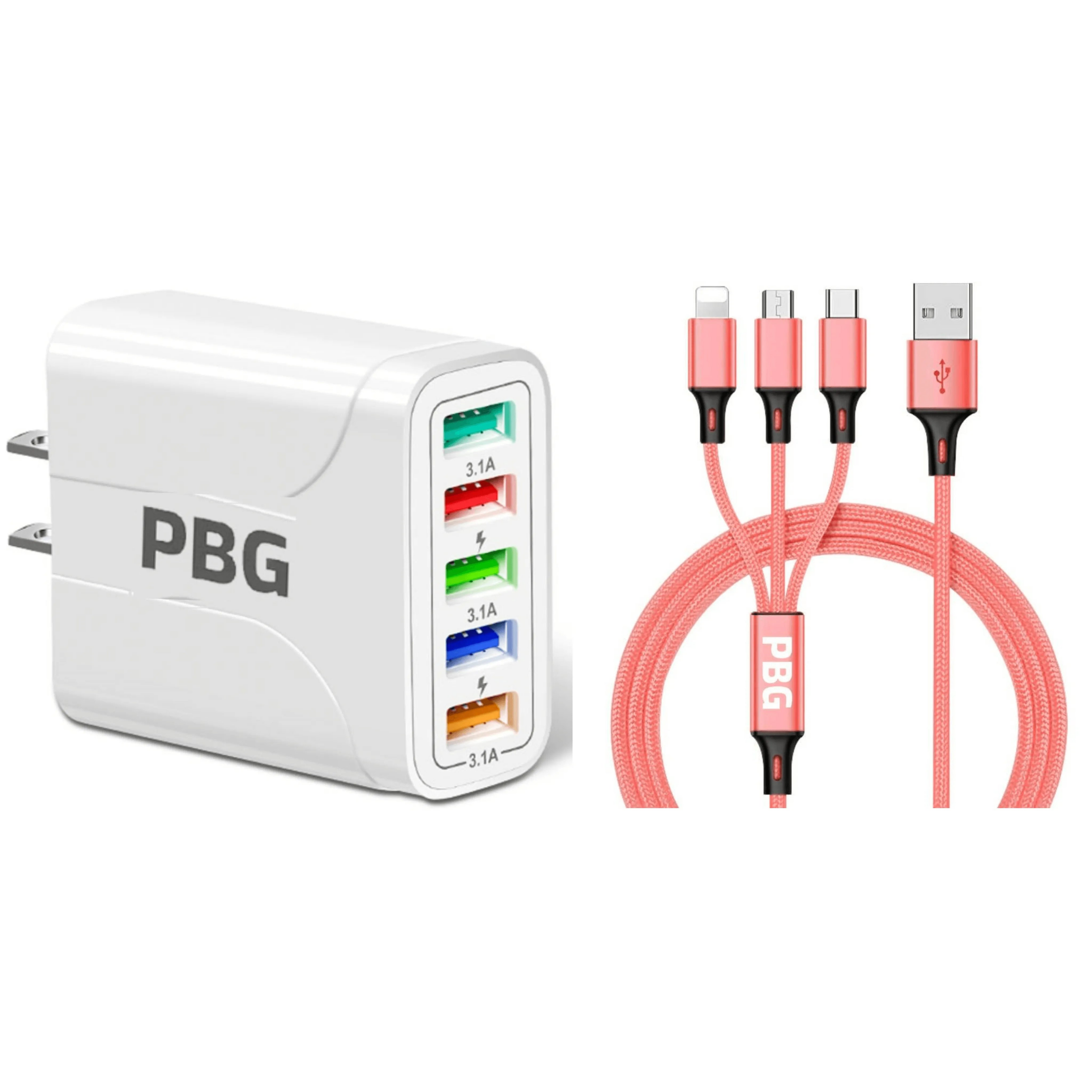 White charging adapter with PBG branding and three pink USB cables on a white background
