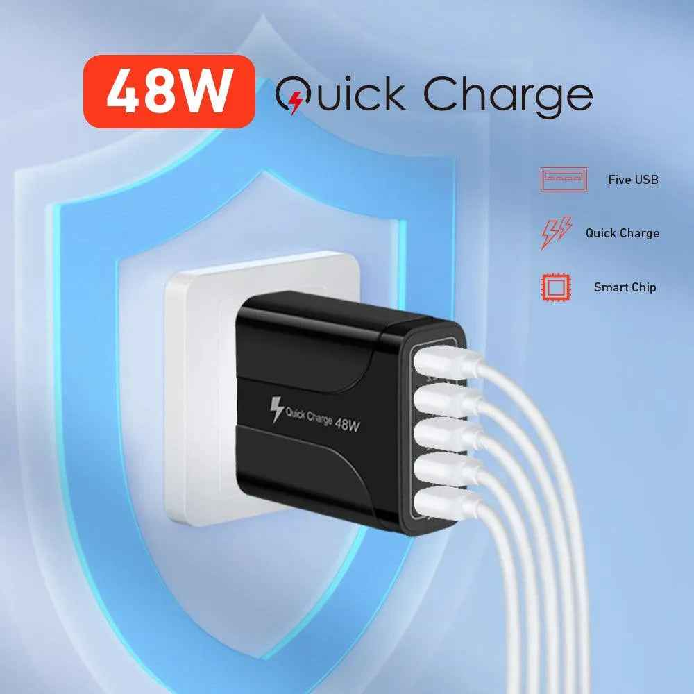 48W quick charge adapter with multiple USB ports on a light blue background