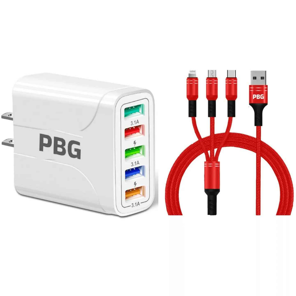 White charging adapter with multiple output ports and red cables on a white background