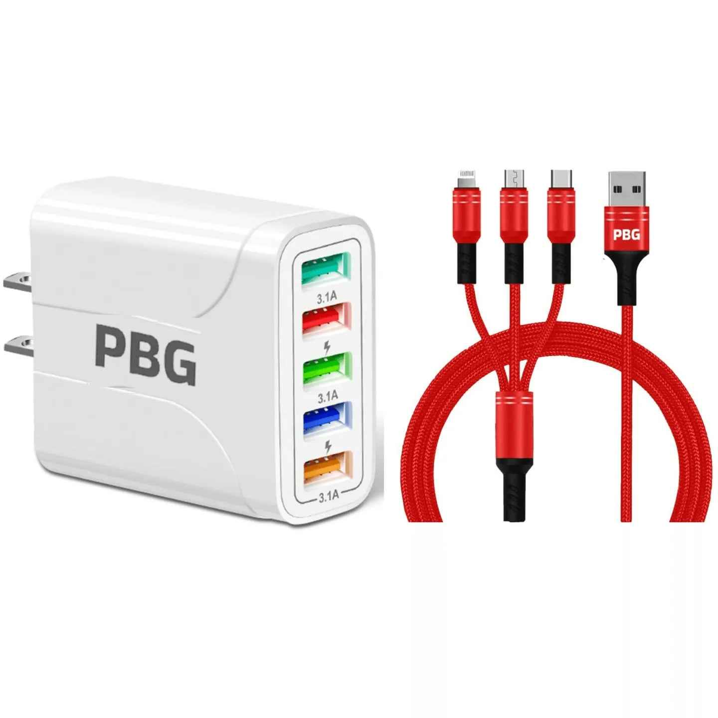 White charging adapter with multiple output ports and red cables on a white background