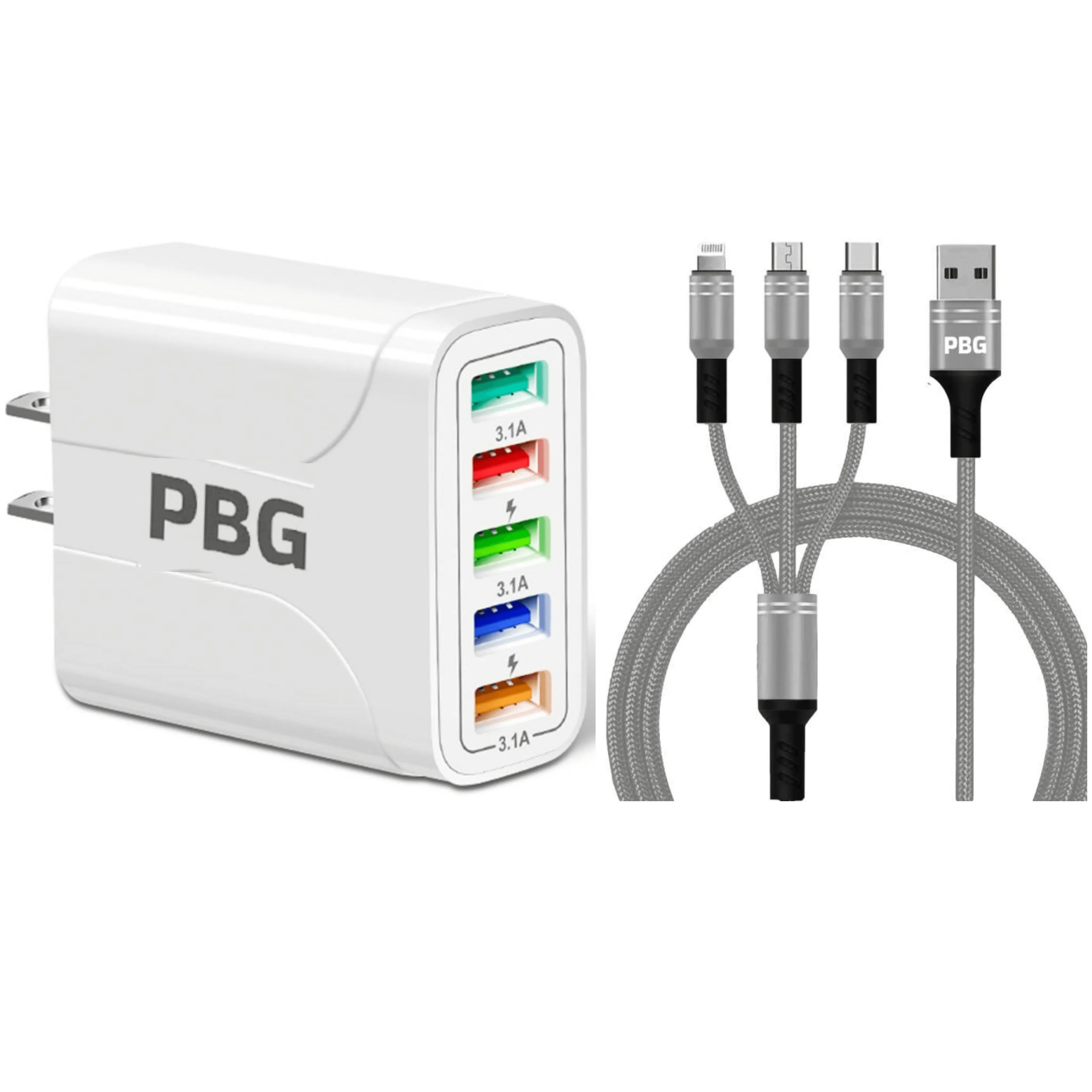 White power adapter with multiple USB ports and a set of cables on a white background, featuring the brand 'PBG'.