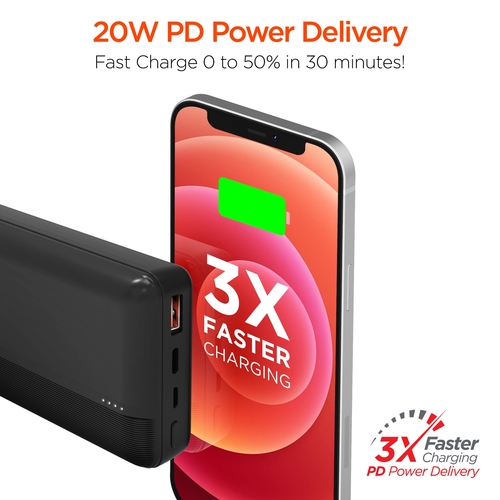 Power bank with smartphone showing charging progress and text about fast charging capabilities.