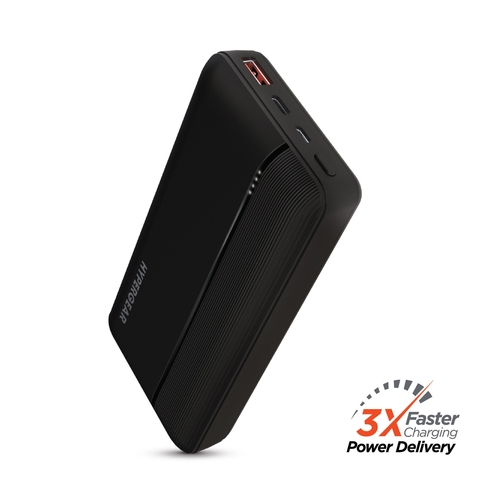 Black power bank with '3X Faster Charging' label on a white background