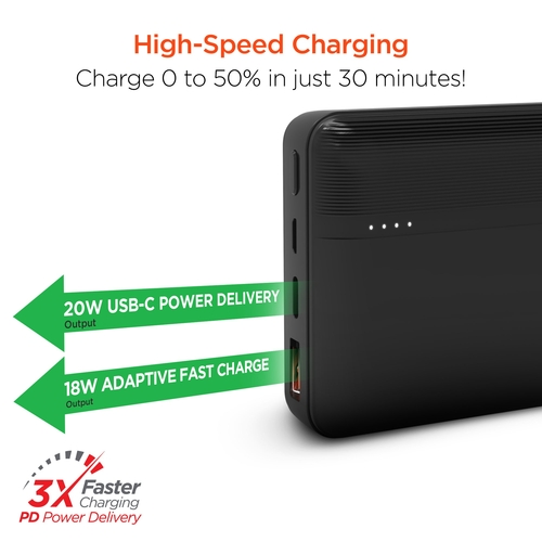 Black power bank with charging text and graphics on a white background