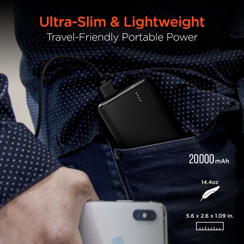 Portable power bank being placed into a pocket with product details displayed.