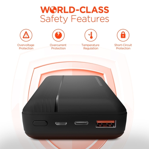 Black power bank with safety feature icons on a white background