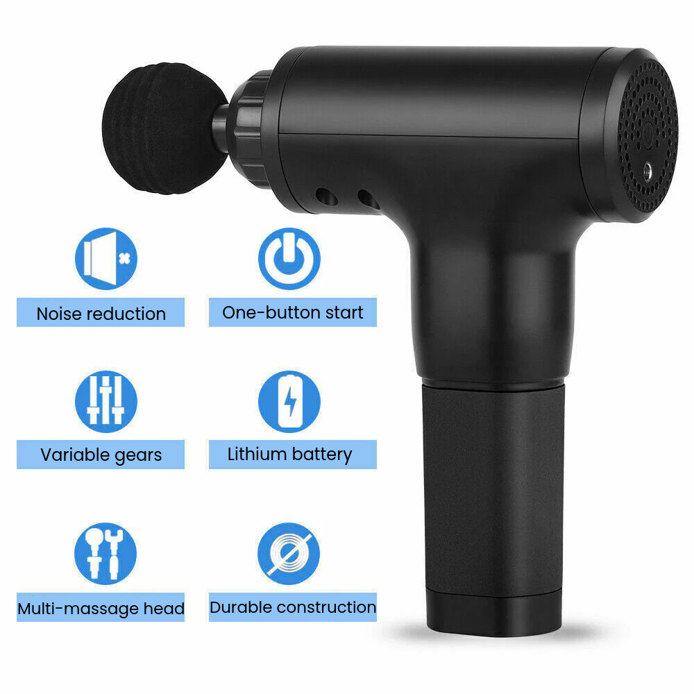Black massage gun with features listed on a white background