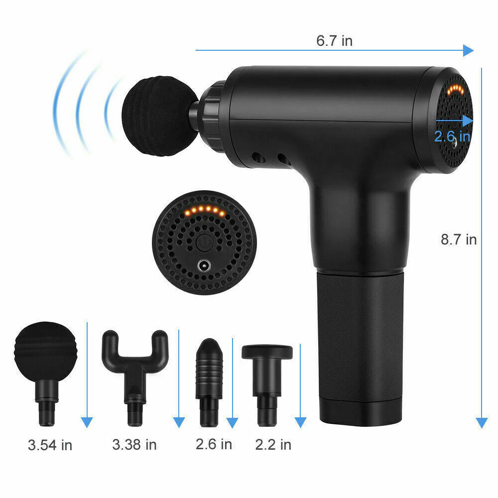 Black massage gun with attachments and measurements on a white background