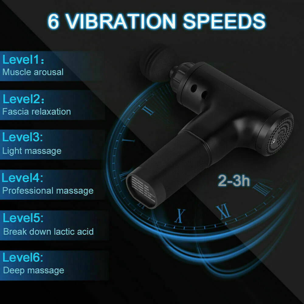 Black massage gun with 6 vibration speed levels on a dark background