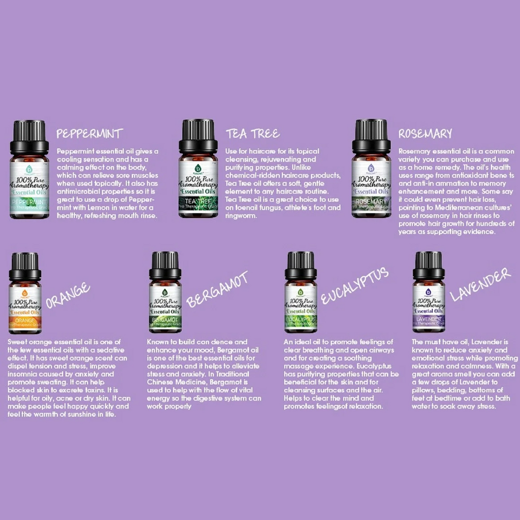 Collection of essential oil bottles with labels on a purple background