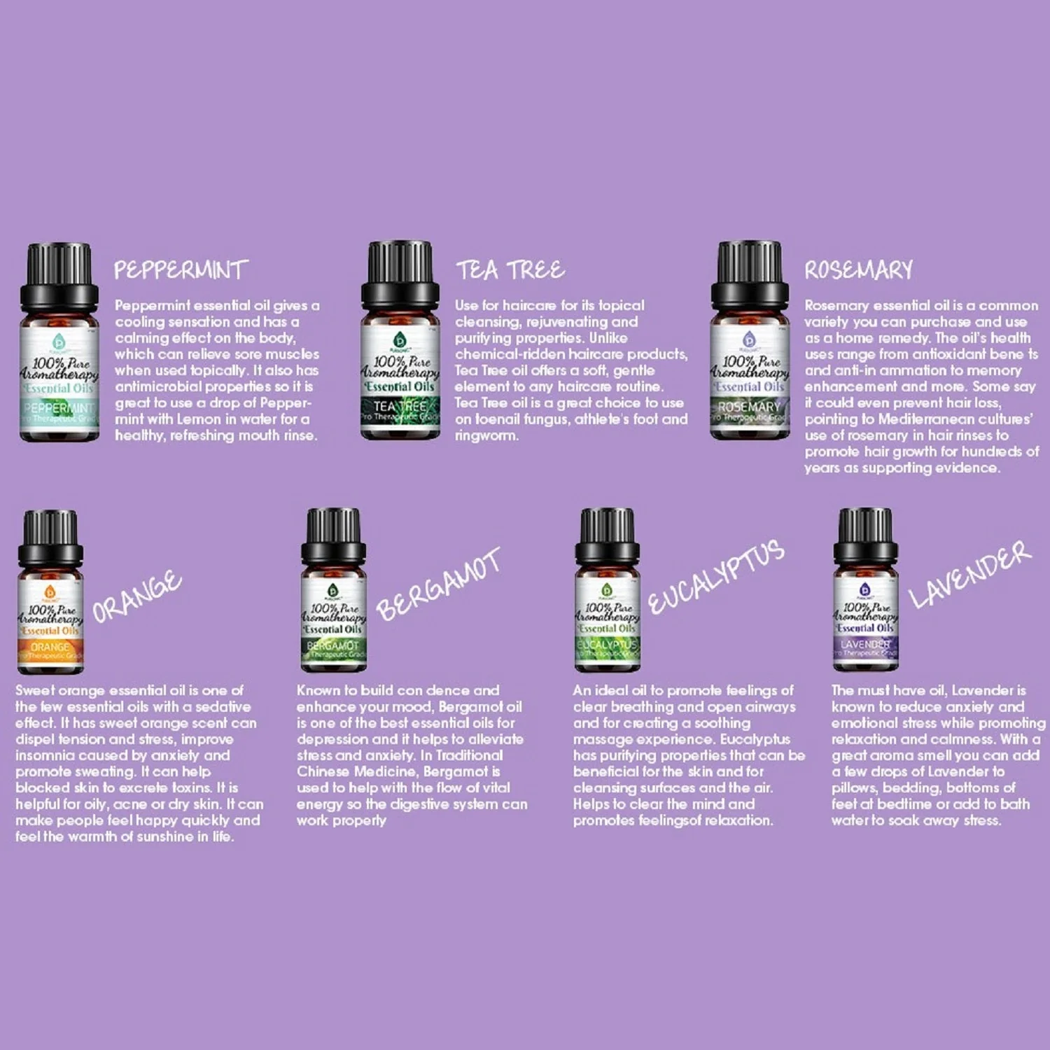 Collection of essential oil bottles with labels on a purple background