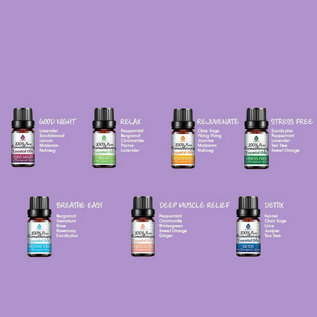 A purple graphic showing eight small essential oil bottles arranged in two rows, each with a black cap and handwritten-style labels naming the scent and benefits. Visible text includes Good Night, Relax, Re-Juneate, Stress Free, Breathe Easy, Deep Muscle Relief, and Detox.