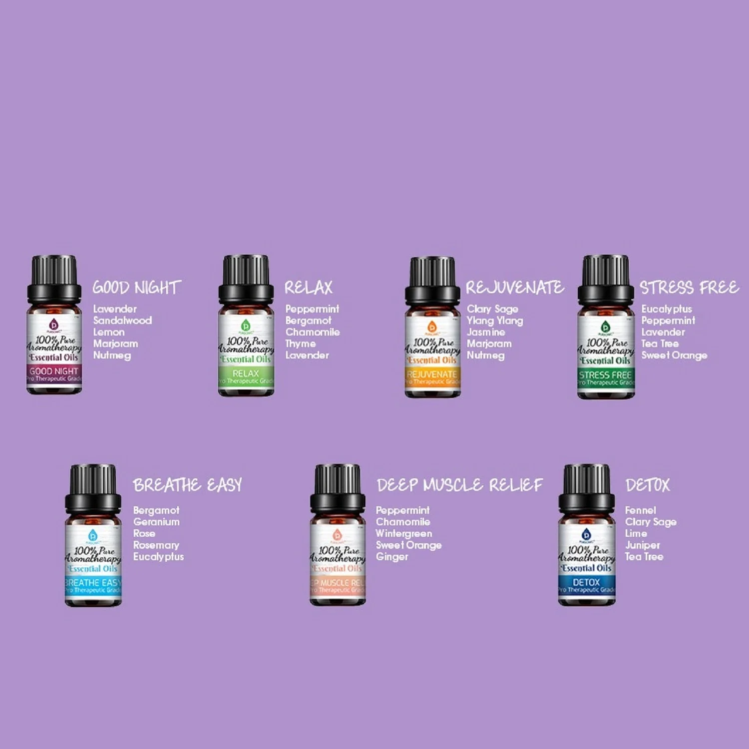 A purple graphic showing eight small essential oil bottles arranged in two rows, each with a black cap and handwritten-style labels naming the scent and benefits. Visible text includes Good Night, Relax, Re-Juneate, Stress Free, Breathe Easy, Deep Muscle Relief, and Detox.