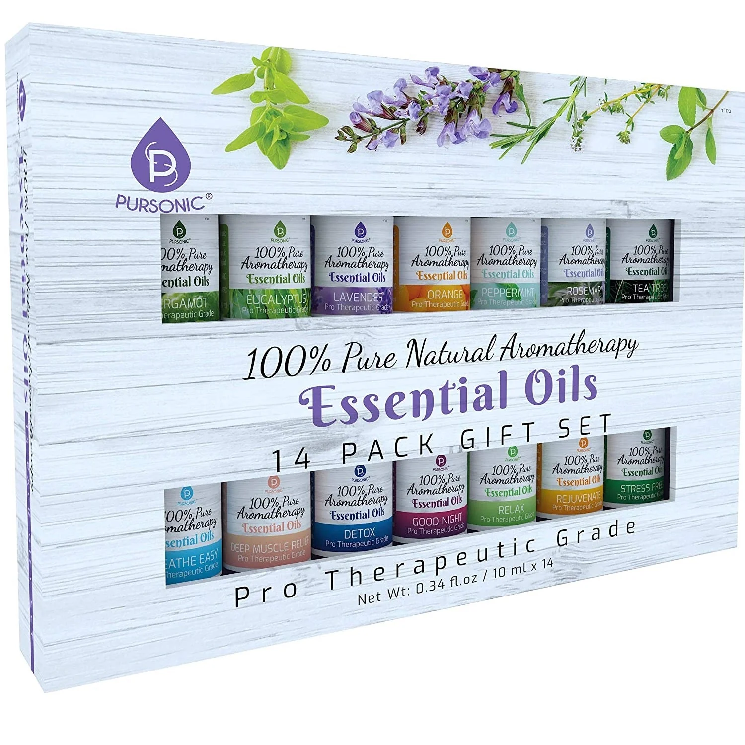 Pursonic 14-pack essential oils gift set with various bottles on a white background