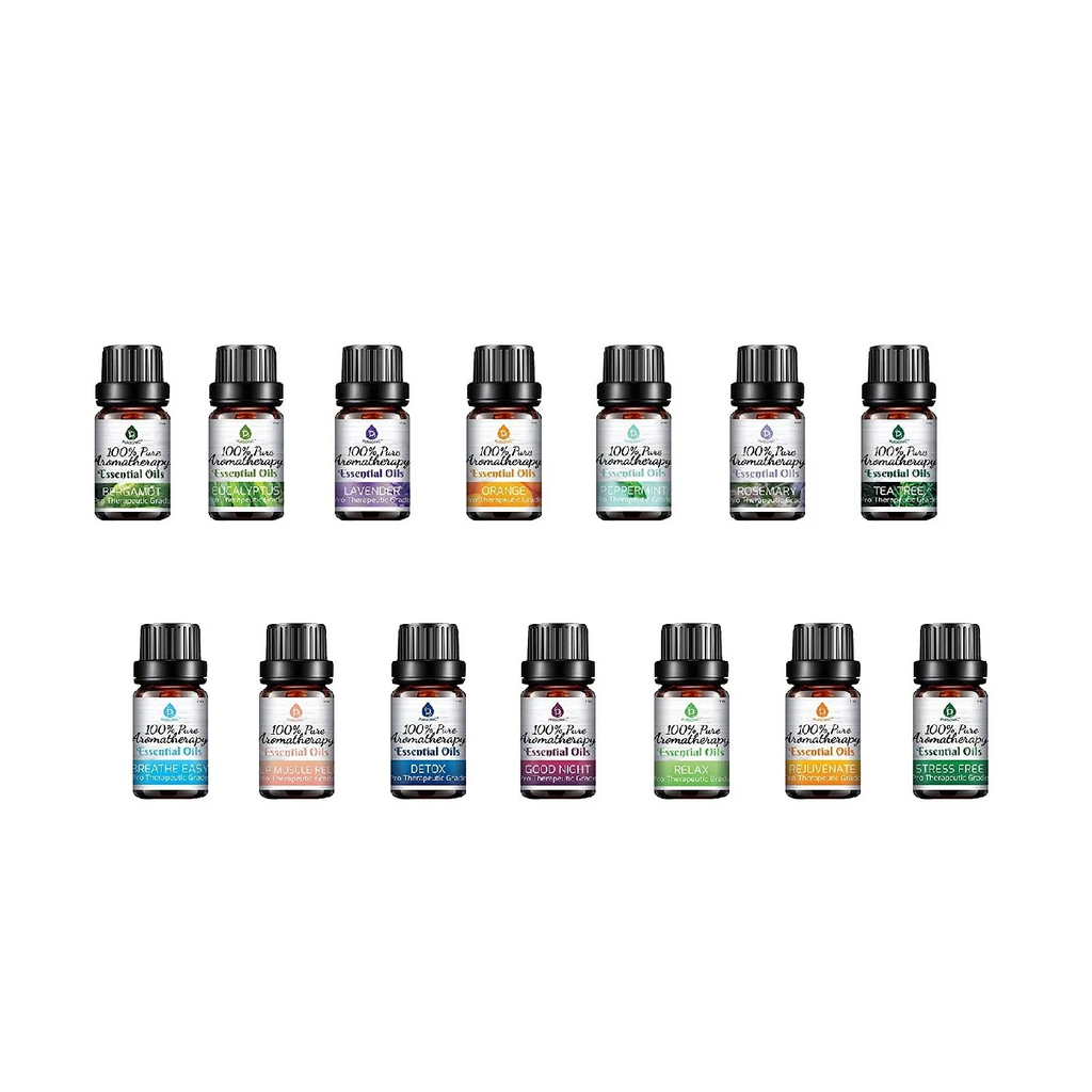 Collection of various essential oil bottles on a white background