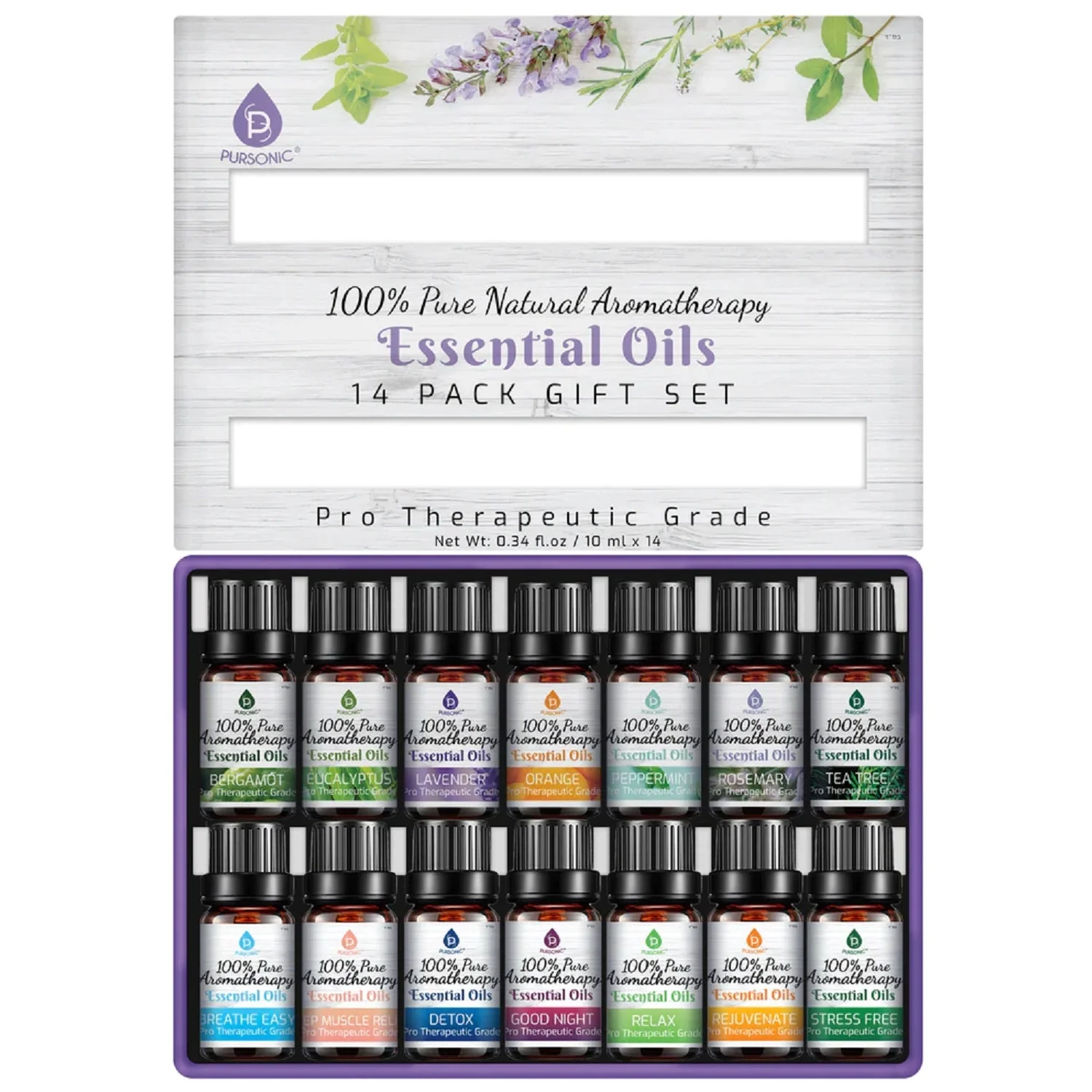 14-pack gift set of essential oils with a white background