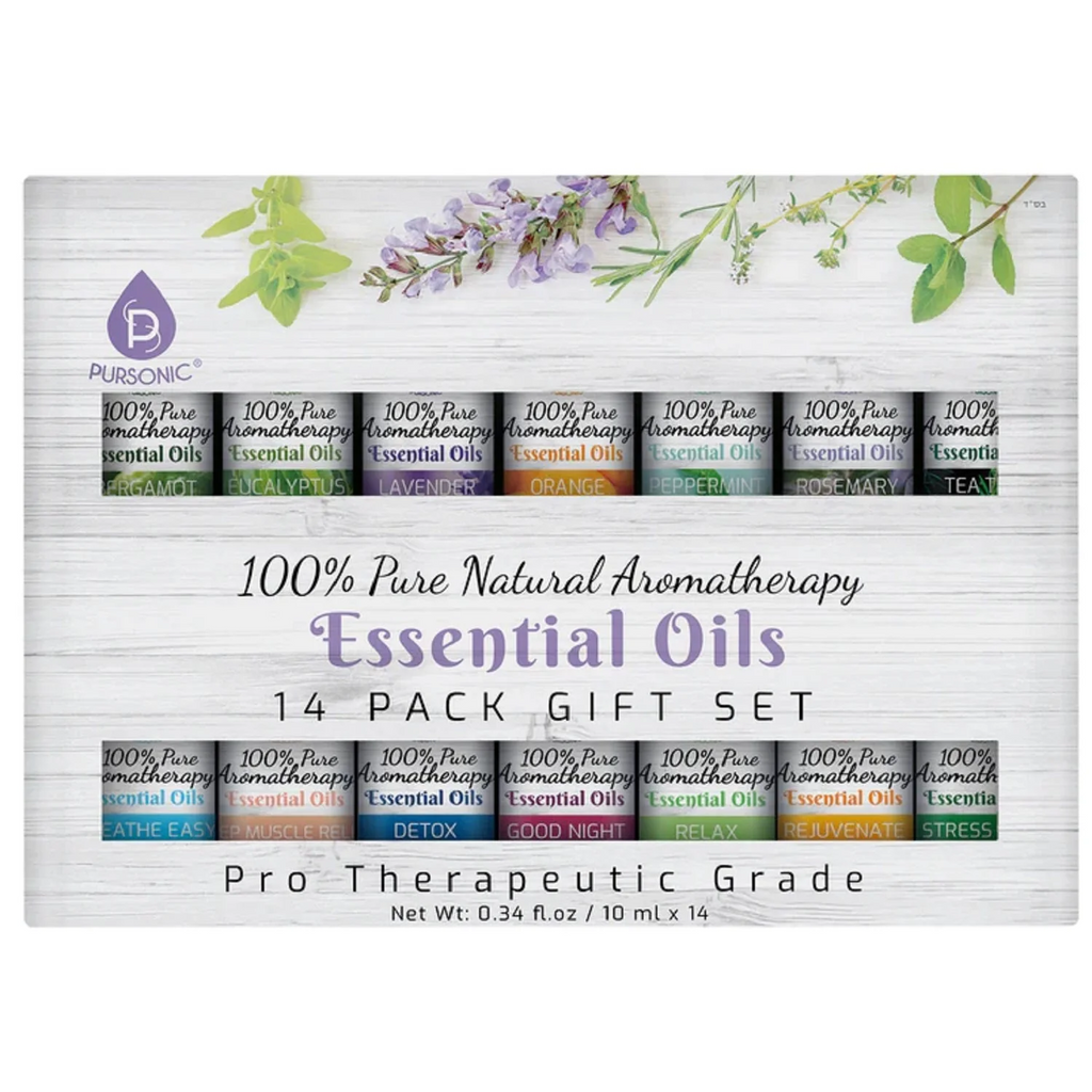 Pursonic 14-pack essential oils gift set with various scents on a white background