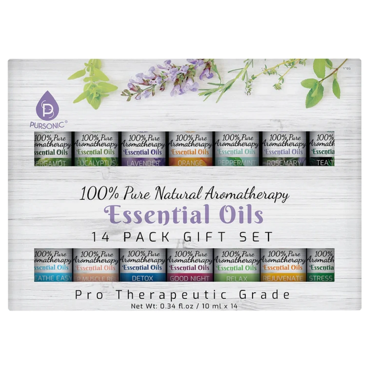 Pursonic 14-pack essential oils gift set with various scents on a white background