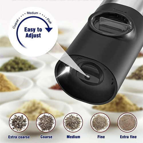 Black electric pepper grinder with adjustable settings and spices in the background
