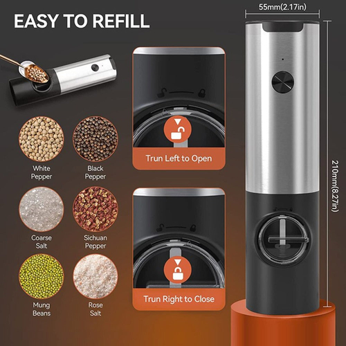 Spice grinder with refill options and measurements on a dark background